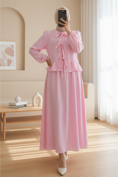 Modamorfo Σετ με δετό μπροστινό μέρος, ελαστικές μανίκια και φούστα - ροζ