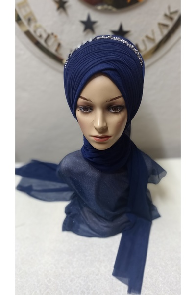Ergül Duvak شال أزرق داكن بدون زخارف مع إكسسوارات. وشاح، وشاح جاهز، للزفاف، ش...