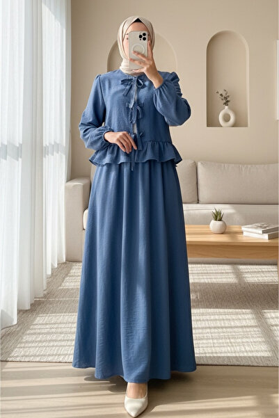 Modamorfo Σετ με δετό μπροστινό μέρος, ελαστικά μανίκια και φούστα -indigo