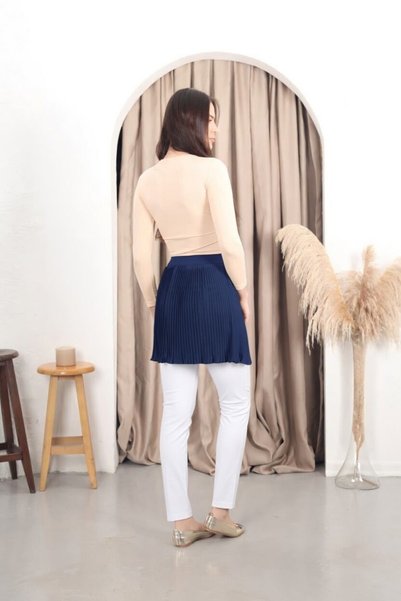 Bienvenido Navy Blue Women's Pleated Skirt with Elastic Waistband, Pleated Pleated Mini Complementary Skirt