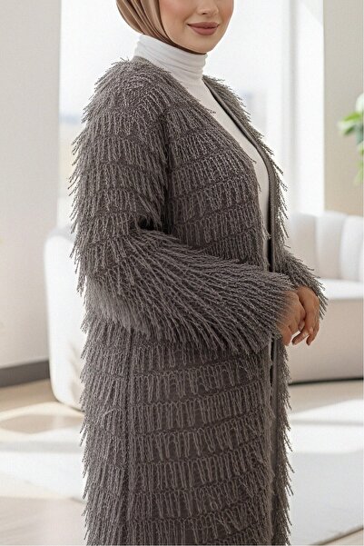 Modamorfo Fringed Long Knitwear Cardigan - Earthy