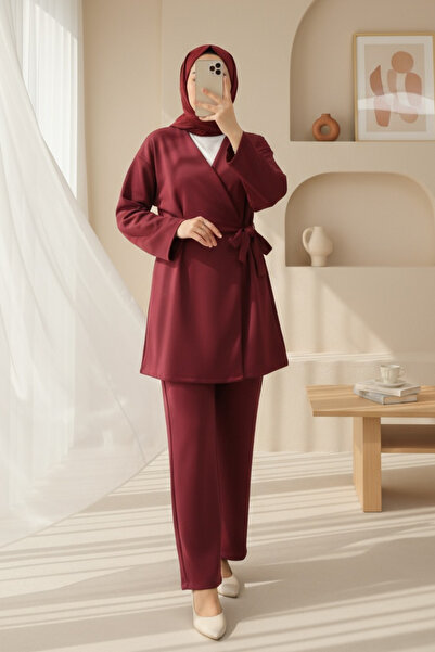Modamorfo Beli Double Tie-Down Scuba Kimono Set - Burgundy