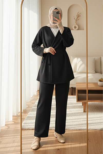 Modamorfo Costum de scuba kimono cu legături duble în talie - negru