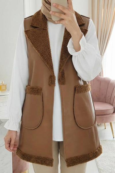 Modamorfo Γιλέκο με διπλή τσέπη με επένδυση από βελούδο αρνιού - Ταν