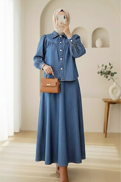 Modamorfo Τζιν σετ με ζώνη στη μέση και φούστα με κουμπιά μπροστά - ινδικό