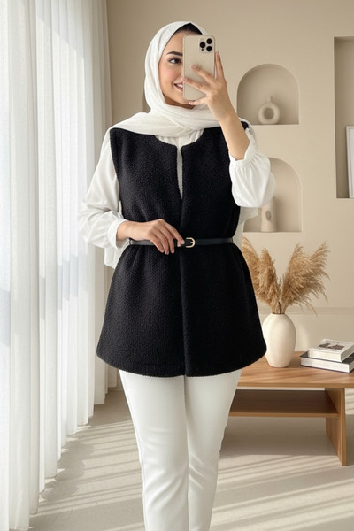 Modamorfo Γιλέκο με ζώνη στη μέση, διπλές τσέπες και βελούδινη επένδυση - μαύρο