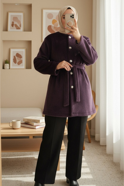 Modamorfo Γούνινο μπουφάν με κουμπιά και δέσιμο στη μέση - δαμασκηνί