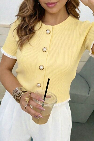 STF MODA Cardigan de damă cu mânecă scurtă și detalii cu nasturi