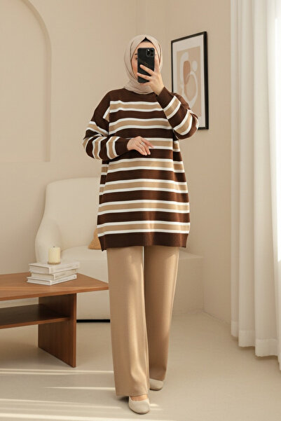 Modamorfo Round Neck Colorful Striped Loose Knitwear Set - Mink