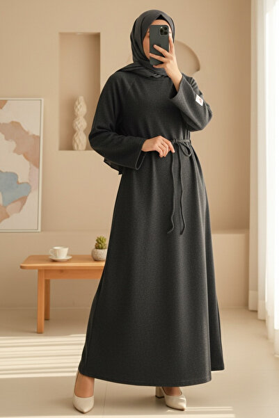 Modamorfo Φόρεμα Σελανικ με δετή μέση και στρογγυλή λαιμόκοψη - ανθρακί