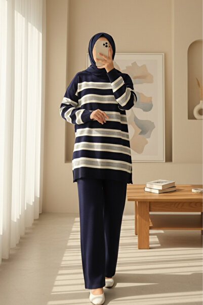 Modamorfo Σετ πλεκτών με στρογγυλή λαιμόκοψη και χρωματιστές ρίγες - γκρι