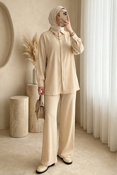 Modamorfo Γυναικείο πλεκτό σετ Hijab (κάτω και επάνω μέρος) 6711 - Κρεμ