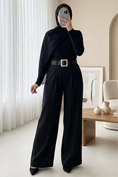 Modamorfo Παντελόνι από κρεπ μοντάλ με φαρδιά μπατζάκια, διπλωμένη μέση, ζώνη...