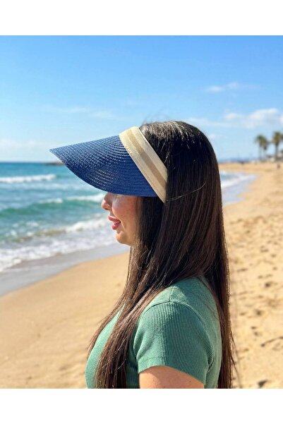 MD Moda Accessories قبعة صيفية ذات حافة عريضة من القش باللون الأزرق الداكن
