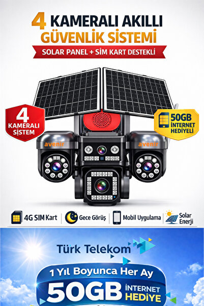 AVENİR 4 Kameralı Telefondan 3 Dönebilir Güneş Enerjili Güvenlik - AOV 7/24 Sim Kart 1 Yıl Her Ay 50GB S446