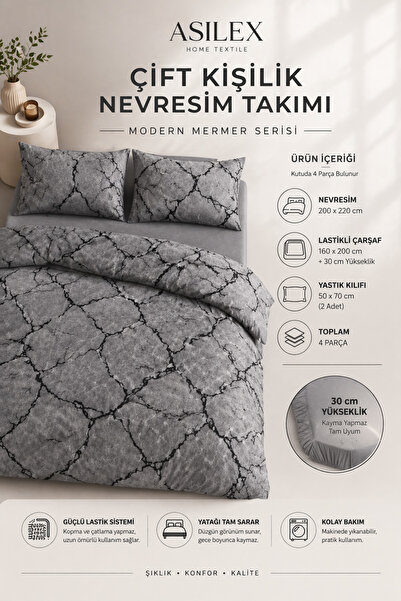 Asilex Home Collection Σετ Παπλωματοθήκη Διπλό Σετ Κρεβατιού με Γκρι Μαρμάριν...