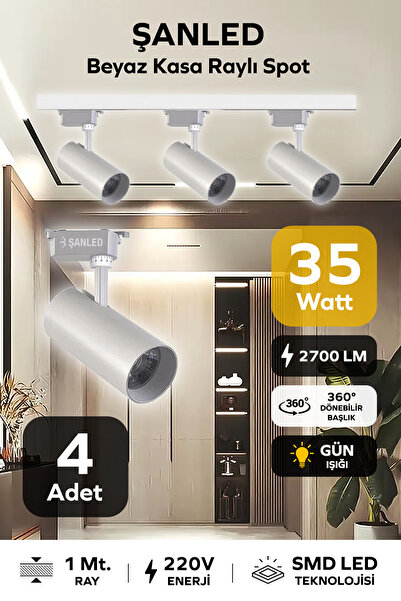 ŞANLED Led Beyaz Kasa Gün Işığı 35W Raylı Spot 4 Adet 1 M Ray