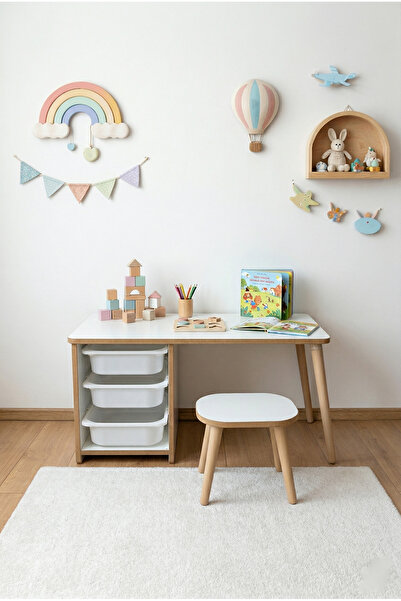 POFİTTO Çocuk Masa Takımı 90x45 Cm 3 Sepetli Çocuk Çalışma Masası Aktivite Ma...