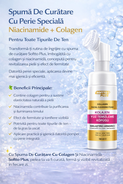 Softto Plus Spumă de curățare cu perie specială Niacinamidă + Colagen 150ml