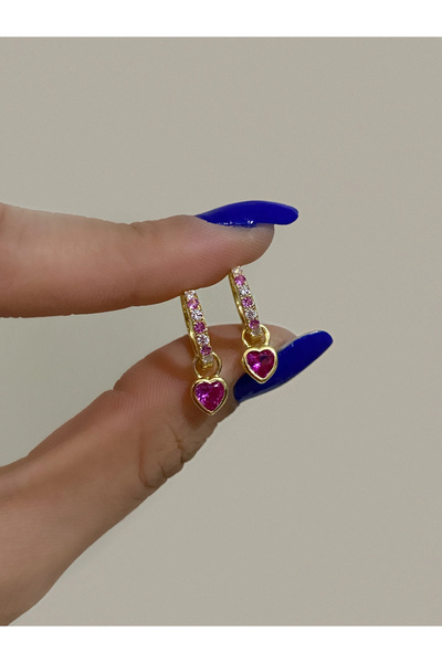 h&b design jewel 925 Ayar Gümüş Koyu Pembe Kalpli Küpe