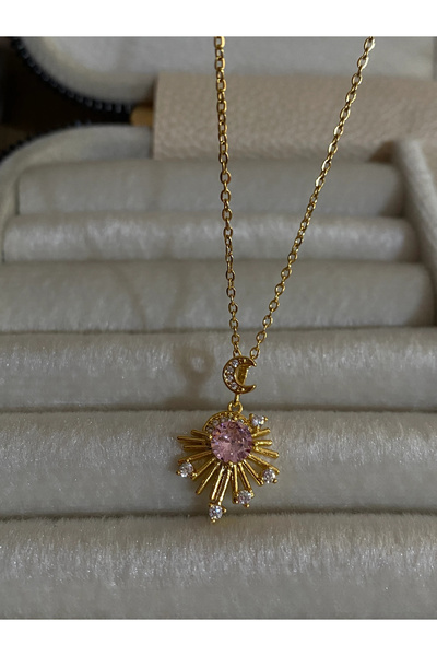 h&b design jewel Çelik Pembe Taş Detaylı Gold Kolye