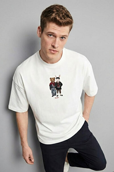 COMBİNE MİCHAİL Ανδρικό φαρδύ μπλουζάκι εκρού με στάμπα Bear & Rabbit