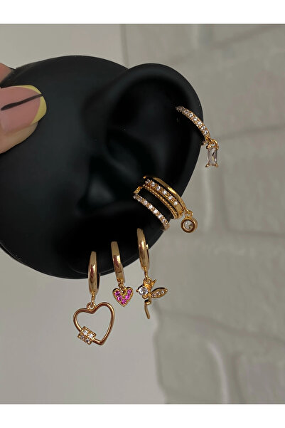 h&b design jewel Çelik Gold Kalp Detaylı 6 Lı Küpe Seti