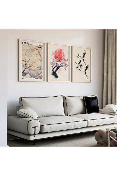 Artiera Σετ ζωγραφικής 3 τεμαχίων Minimal Red Sun Sakura Japandi Art με ξύλιν...