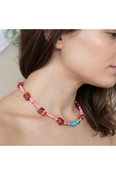 LeylanTakı Women's Natural Stone Red Necklace Handmade Bijouterie Gift Accessory