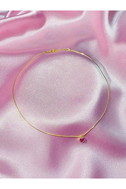 h&b design jewel 925 Ayar Gümüş Gold Koyu Pembe Kalp Choker