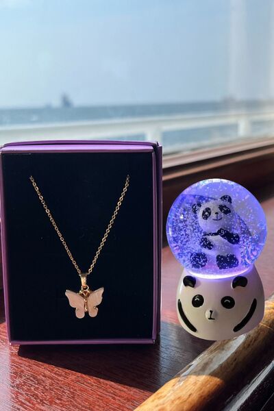 Saltos Işıklı Pandalı Kar Küresi Beyaz Kelebekli Kolye Doğum Günü Hediyesi Kı...