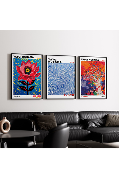 Artiera Σετ ζωγραφικής 3 τεμαχίων Kusama Red Rose Japandi Art με ξύλινο πλαίσιο