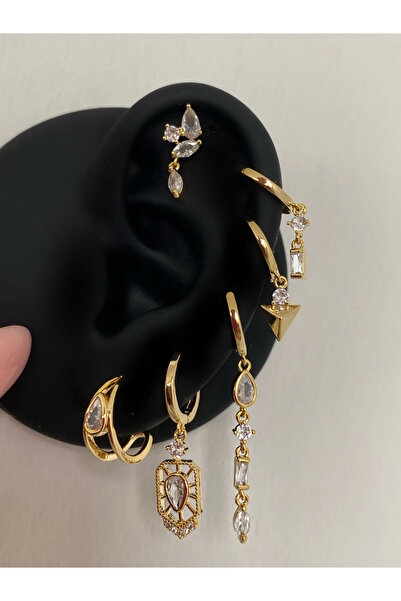 h&b design jewel Gold Baget Taşlı 6 Lı Küpe Seti