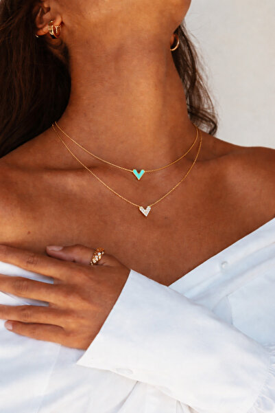 OJ Own Jewelry Kalp Kolye Minimal Çift Taraflı Mineli Zirkon Taşlı 925 Ayar G...