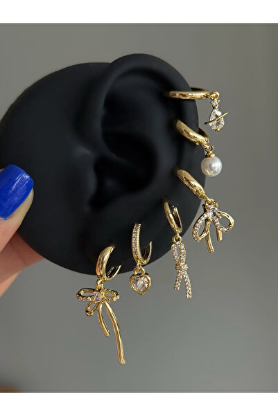 h&b design jewel Çelil Gold Kurdela Detay 6 Lı Küpe Seti