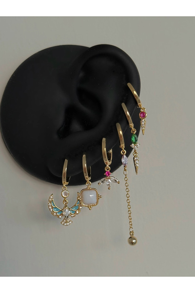 h&b design jewel Çelik Gold Anka Kuşu Detay 6 Lı Küpe Seti