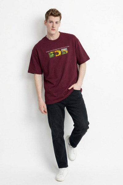 COMBİNE MİCHAİL Erkek Çiçek Baskılı Oversize Bordo Tişört