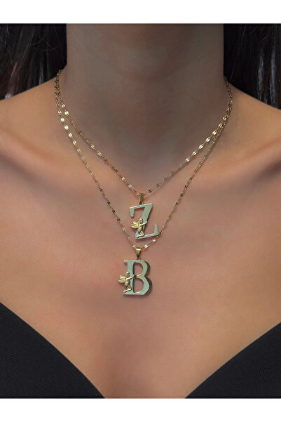 h&b design jewel Çelik Melek Detaylı B Harfli Kolye