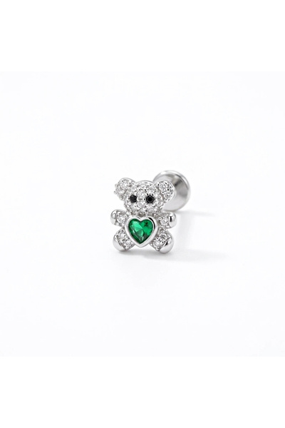 h&b design jewel Cerrahi Çelik Silver Yeşil Taşlı Ayıcık Piercing