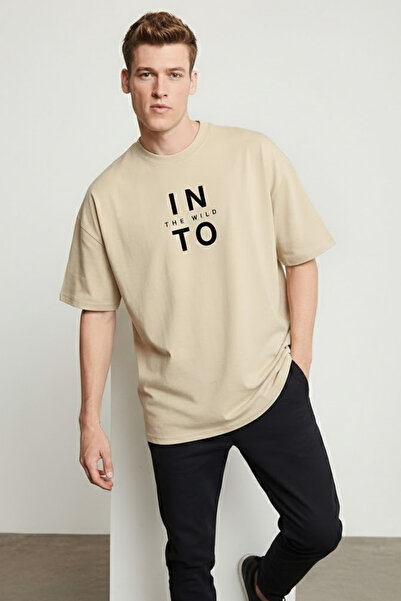 COMBİNE MİCHAİL Ανδρικό μπλουζάκι Into The WILD με τύπωμα Loose Cream T-Shirt