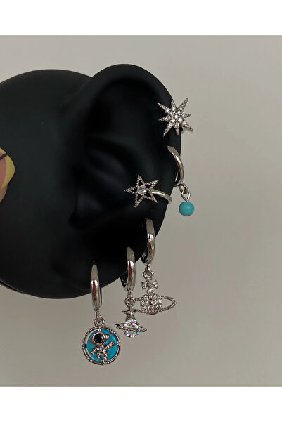 h&b design jewel Çelik Silver Gezegen Detaylı 6 Lı Küpe Seti