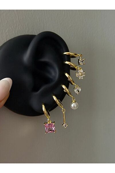 h&b design jewel Pembe Taşlı 6 Lı Küpe Seti