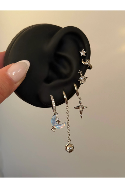 h&b design jewel Çelik Silver Hologramlı Hilal Detay 6 Lı Küpe Seti