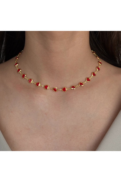 h&b design jewel Çelik Gold Kırmızı Kalp Choker