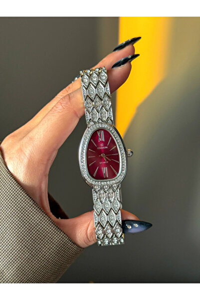 h&b design jewel Silver Bordo Taşlı Kol Saati