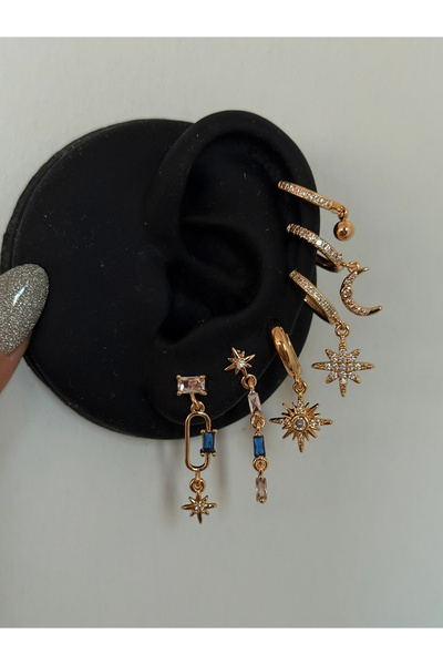h&b design jewel Çelik Lacivert Taşlı 6 Lı Küpe Seti