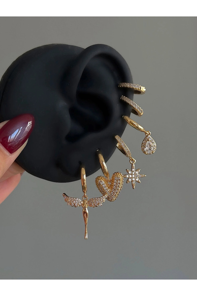 h&b design jewel Çelik Gold Melek Detaylı 6 Lı Küpe Seti