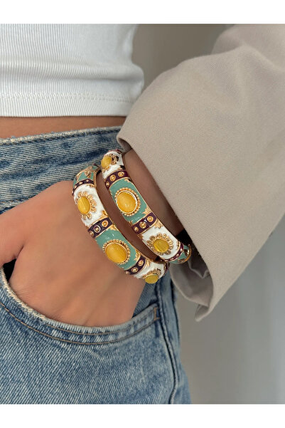 h&b design jewel Çelik Sarı Taşlı Mineli Kelepçe Bileklik