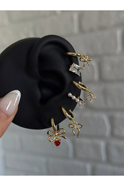 h&b design jewel Kırmızı Kalpli Kurdela Detay 6 Lı Küpe Seti