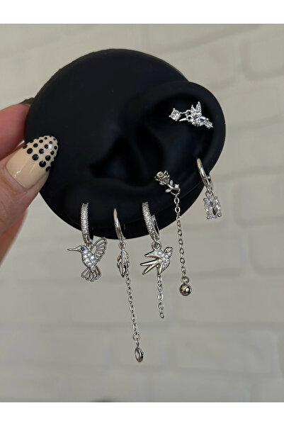 h&b design jewel Silver Anka Kuşlu 6 Lı Küpe Seti